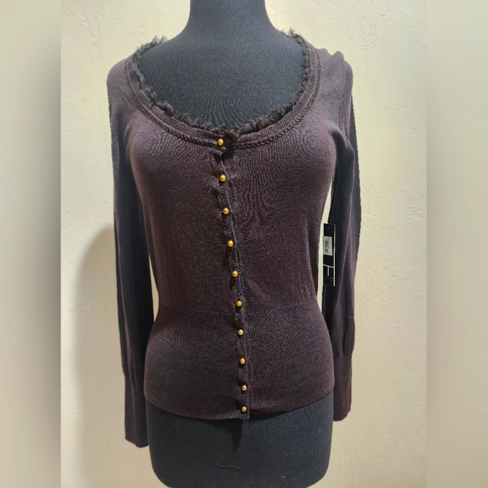 Tahari Silk Blend Ruffke Collar Brown Button-Up Sweater NWT L